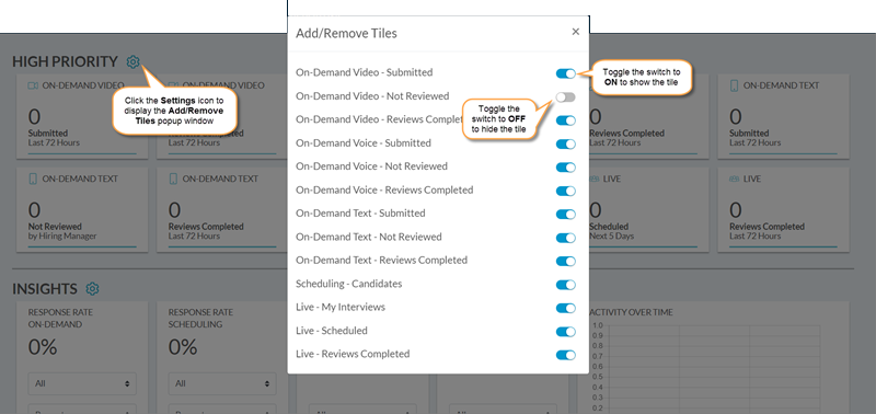 Add and remove tile controls on the Dashboard