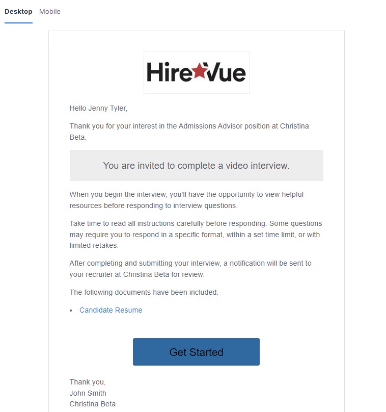 Example of email invitation in preview mode
